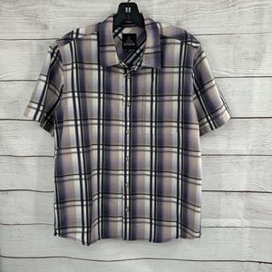 prAna Men's Plaid Short Sleeve Button Down Shirt Casual Purple Gray Gradient Med